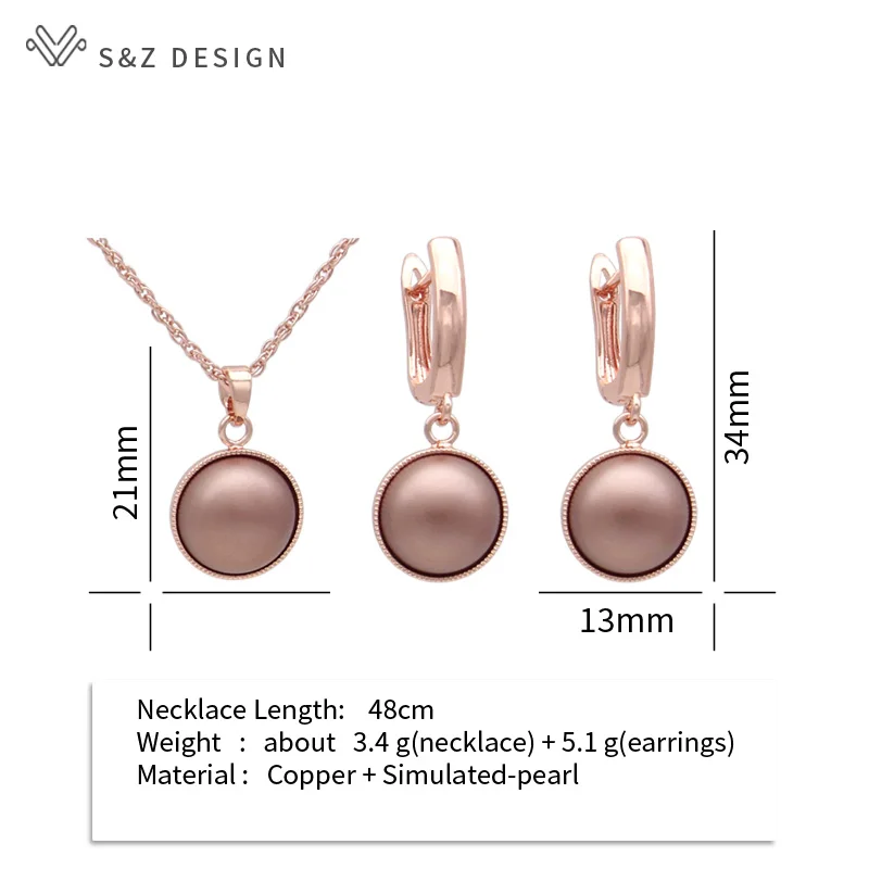 S&Z DESIGN New Fashion Round Simulated-pearl Dangle Earrings Jewelry Sets For Women 585 Rose Gold Color Pendant Necklace