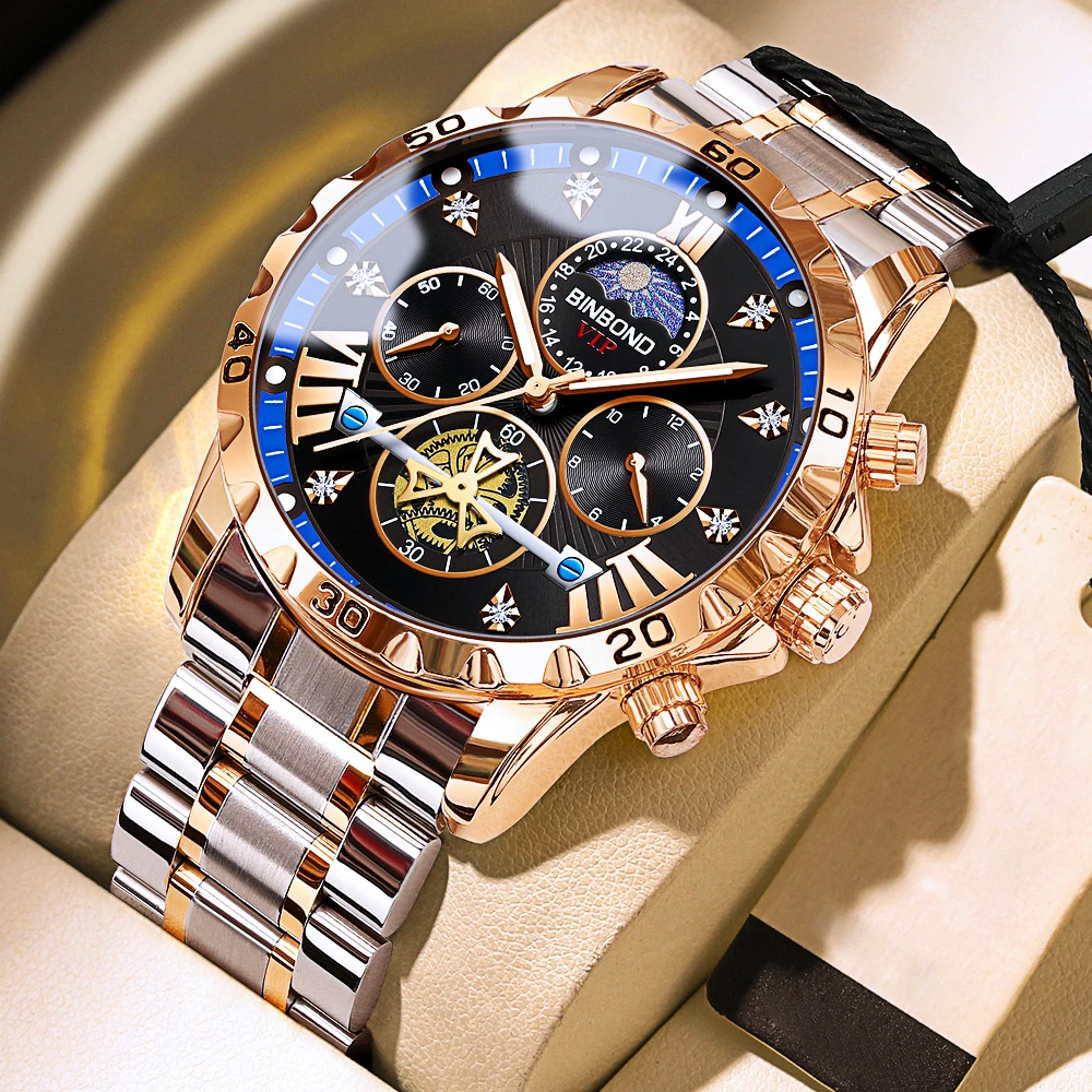 BINBOND Lurury Orologi da uomo Trend Fashion Orologio al quarzo originale  per uomo Cronografo stile volano Impermeabile Abito con fasi lunari