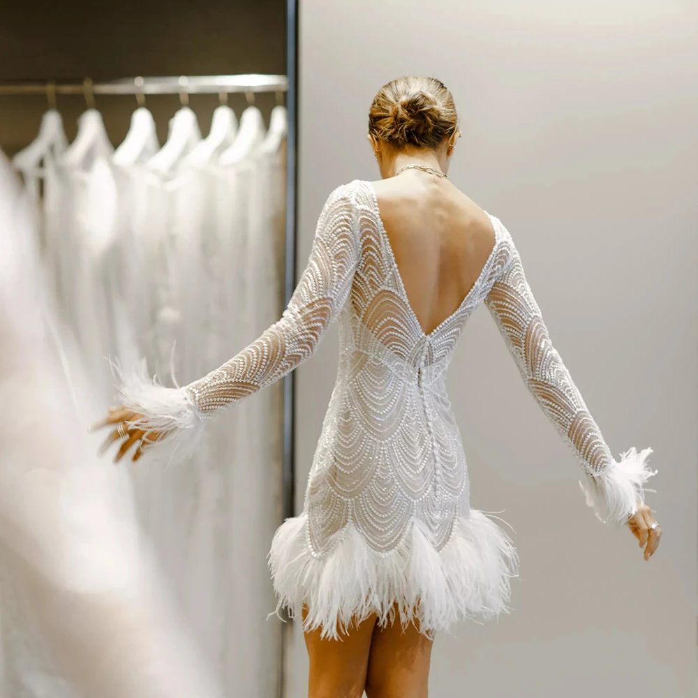 Long Sleeves Boho Mini Feather Wedding Party Dress Customized