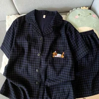Embroidery Dog Sweet Fashion Cute Pajamas Set for Women Plaid Lapel Neck Elastic Waist Design Pajamas Short New Casual Nightwear - Image 2