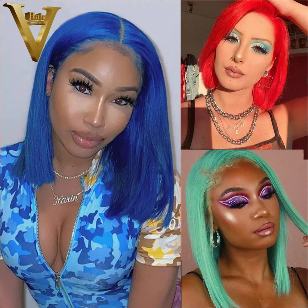 

Pre Plucked 13x4 Lace Front Wigs Red Blue Green Colored Bob Wig For Black Women Brazilian Human Hair Transparent Lace Front Wig