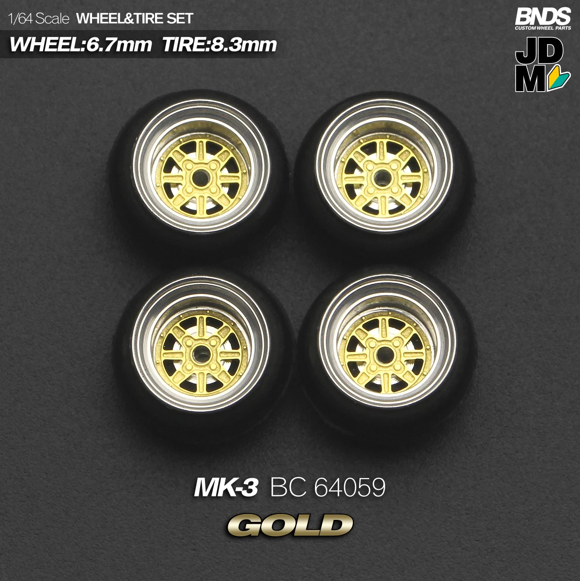 BNDS 1/64 Metallräder mit Gummireifen, Legierungsdesign, Felgen, Detail-up-Teile, JDM VIP-Stil für Modellfahrzeuge, 8,3 mm, 4-teiliges Set – Detail 24