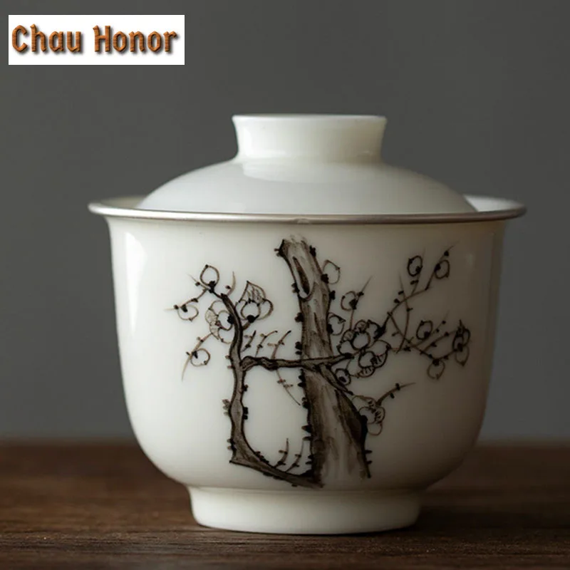 110ml Pure Hand-painted Ink Plum Blossom Art Ceramic Tea Tureen Silver-banded Covered Bowl Tea Maker Gaiwan Kung Fu Tea Ceremony