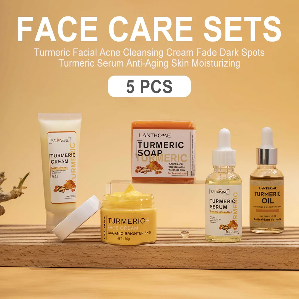 Turmeric Face Care Sets Turmeric Face Care Sets Turmeric Facial Acne Cleansing Cream Fade Dark Spots Serum Anti-Aging Skin Moisturizing 5pcs