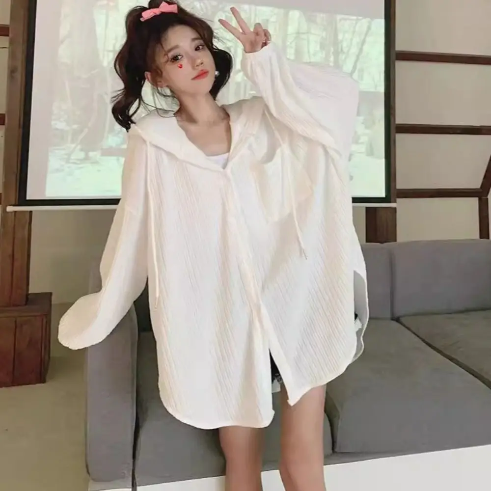 Thin Drawstring Hooded Shirt Simple Loose Long Sleeved Hooded Korean Ins Clothing Sun Protection Tops Holiday