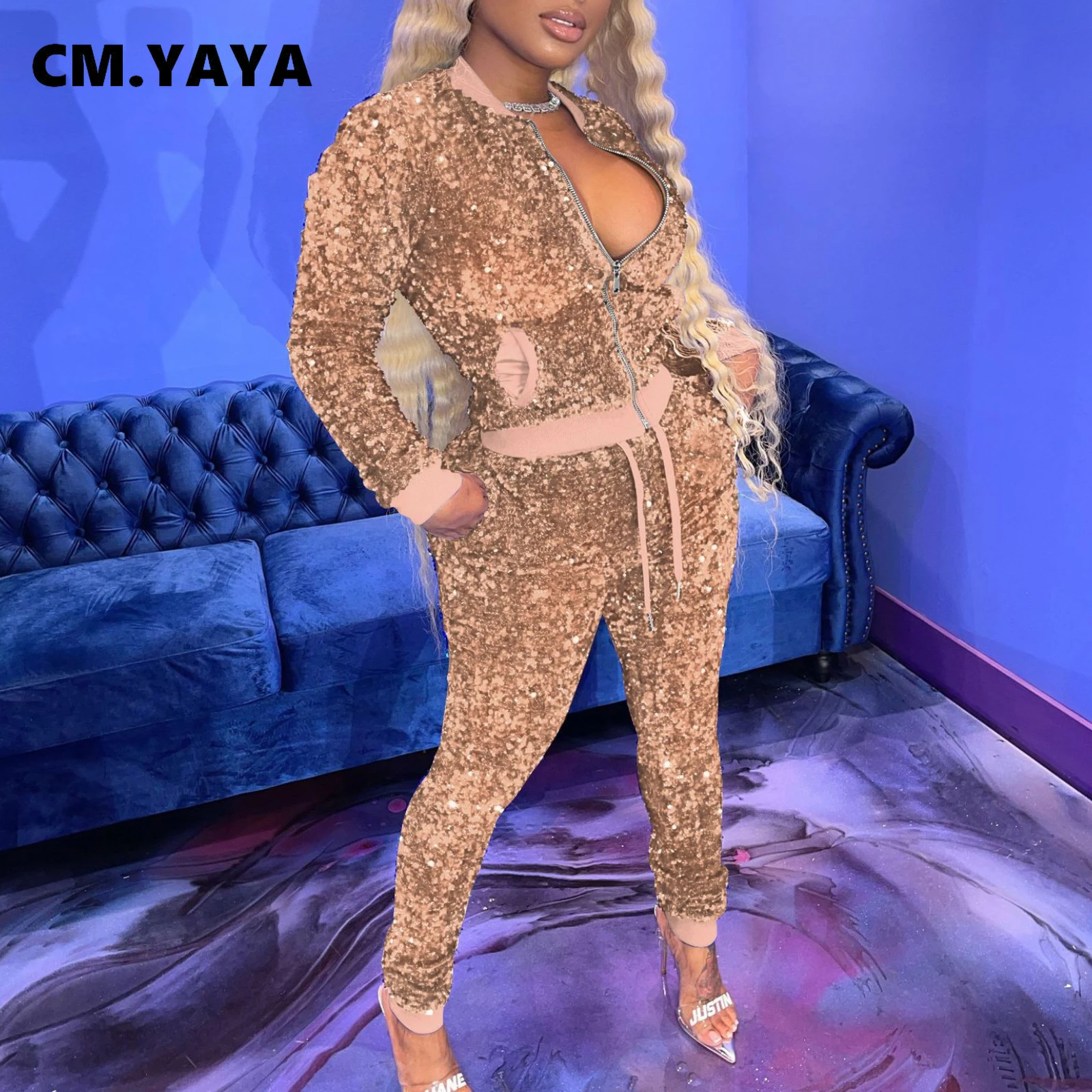 CM.YAYA Autumn Winter Streetwear Sequins Women's Set Zipper Fly Jacket and Pants Tracksuit Two Piece Fitness Outfits |