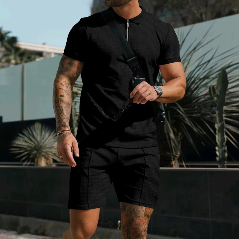 Cross border summer men's polo shirt set solid color waffle short sleeve slim lapel t-shirt casual men's set