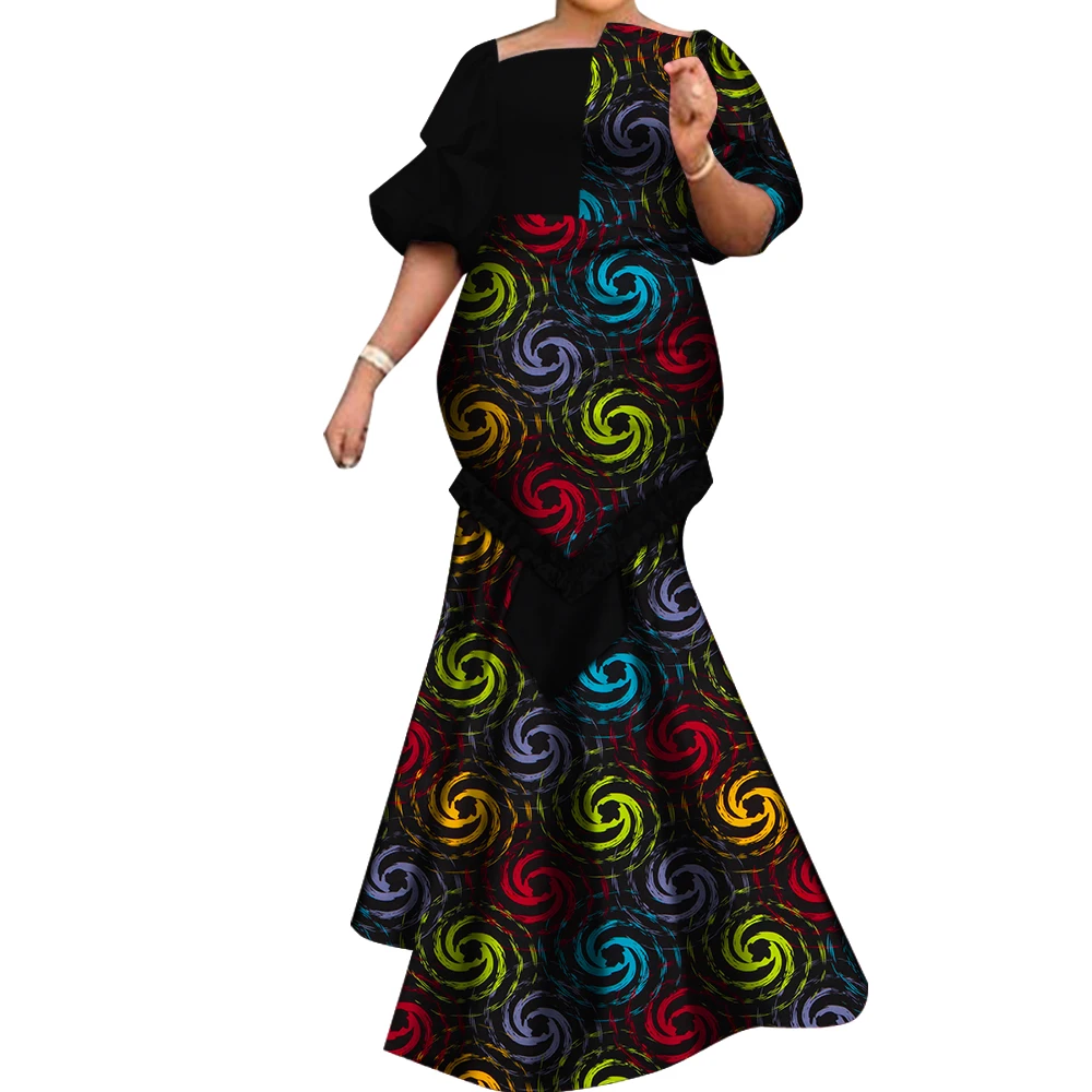 African Dresses for Women Fashion Print Patchwork Ruffle Long