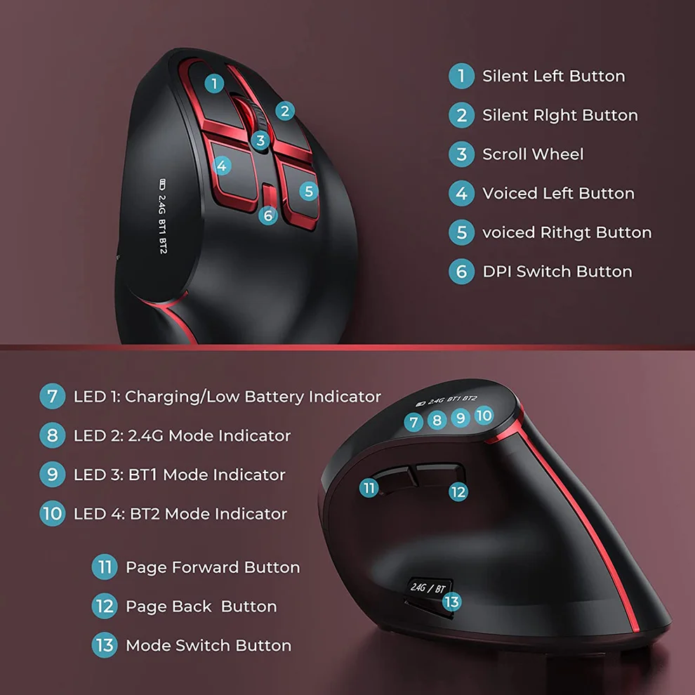 fio recarregável silencioso clique ergonômico mouse para