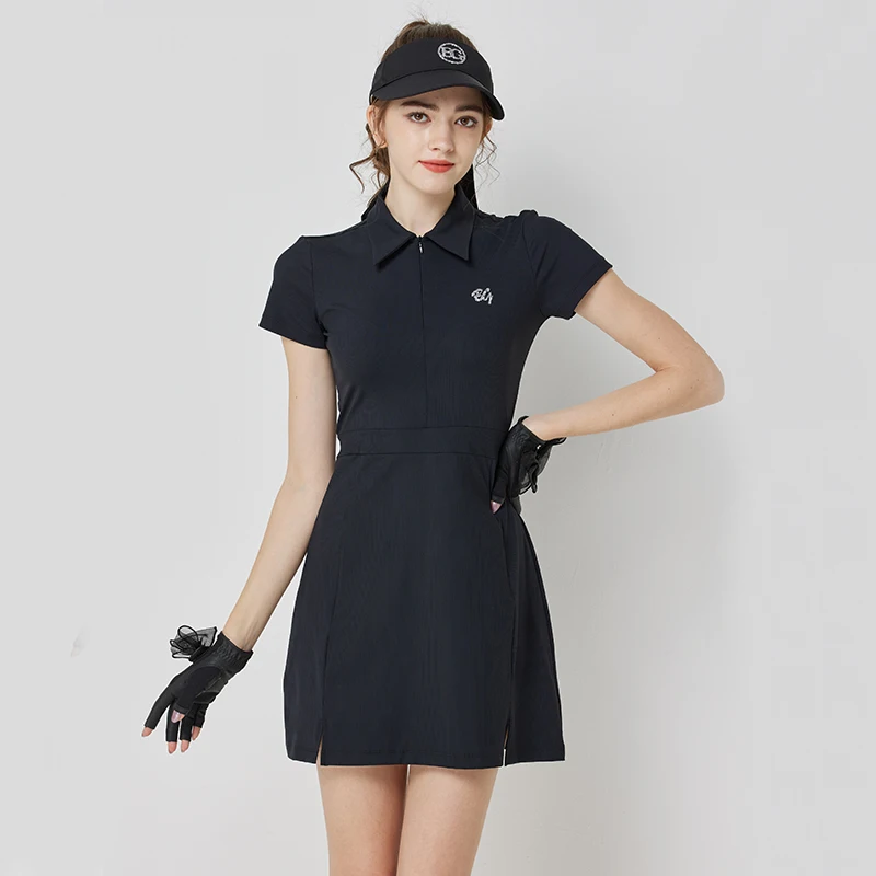 BLKTEE Golf Women Dress Short Sleeve Breathable Slim Waist Polo Shirt Dresses Zipper Half Length Skirt Ladies Golf Clothing