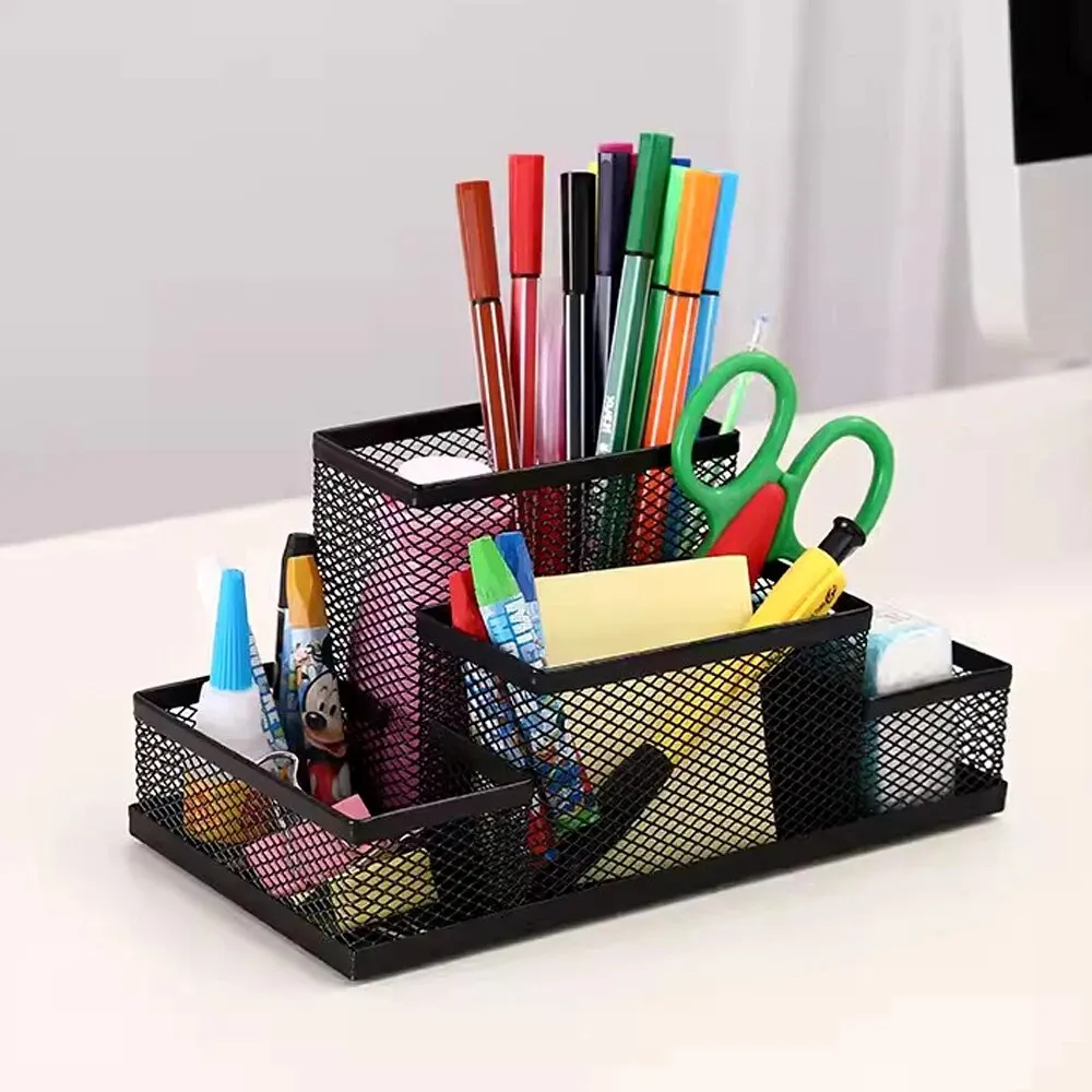 Metal Mesh Desk Organizer Stationery Storage Box Pencil and Pen Holder 4 Cell Drawer