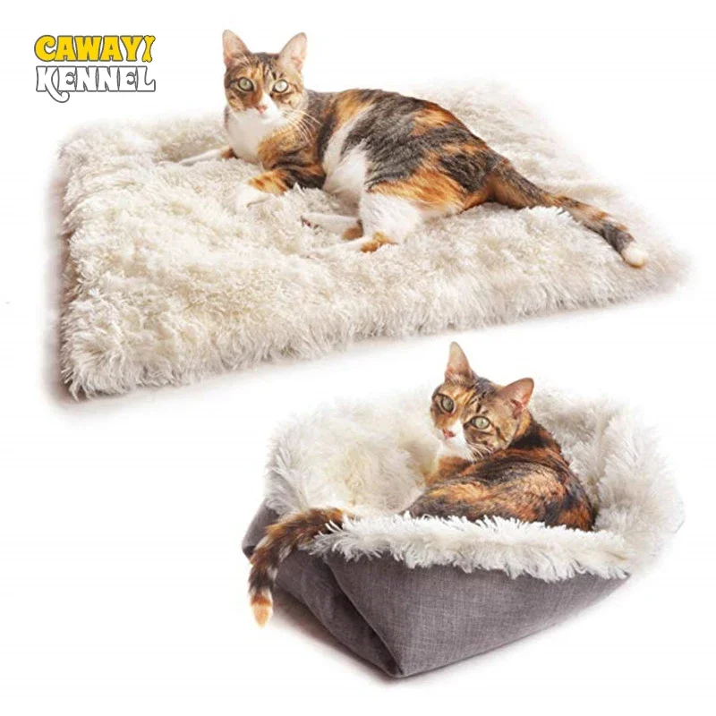 2-in-1 Autumn & Winter Warm Plush Cat Bed Pet Kennel Soft Multifunctional Comfortable Foldable Cat Mattress for Small Cats Dogs