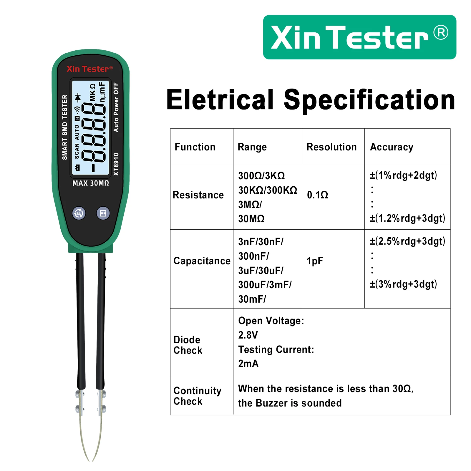 Xin Tester Smart SMD Tester XT8910 Auto Scan Tweezer Diode Multimeter Resistor Capacitor Continuity Checking Function