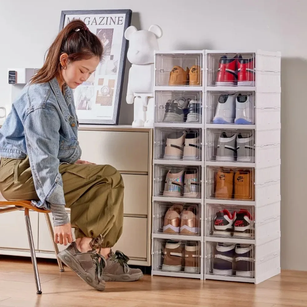 Shoe Rack Shoe Organizer Shoe Cabinet 6 Layers Shoes Box Foldable Transparent Sneaker Shoe Storage Organizers Box Stackable Dustproof High-top Cabinet Shoe Rack Shelf