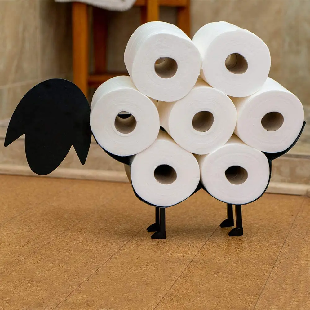 Art & Artifact Sheep Toilet Paper Roll Holder - Metal Wall Mounted or Free Standing Bathroom Tissue Storage, 7 Rolls