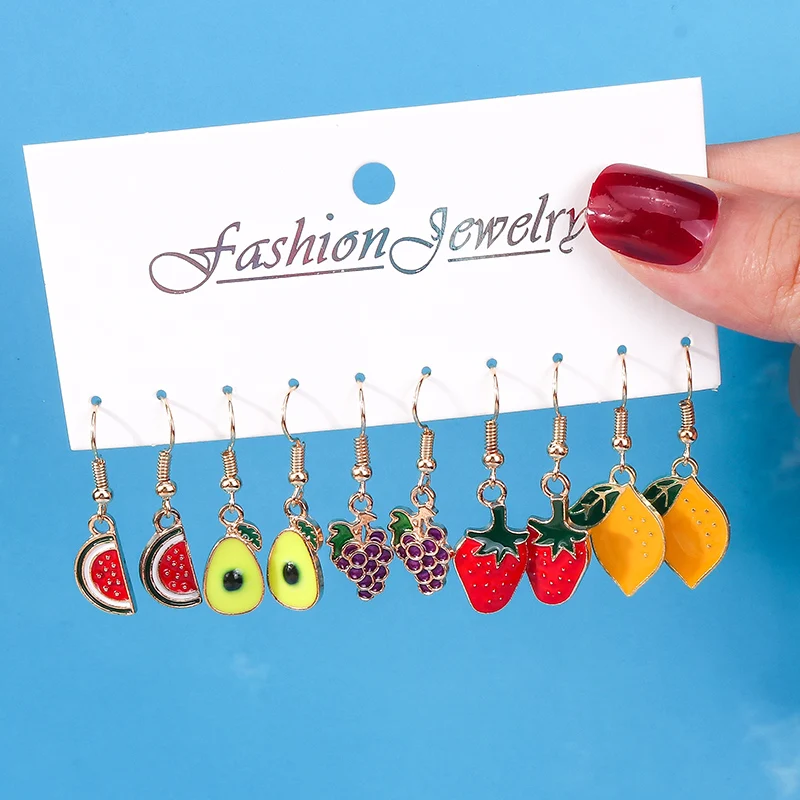 Aihua 10 teile/satz Schöne Emaille Fuirts Ohrringe Set für Frauen Kawaii Wassermelone Avocado Zitrone Traube Ohrringe Partei Schmuck Geschenke