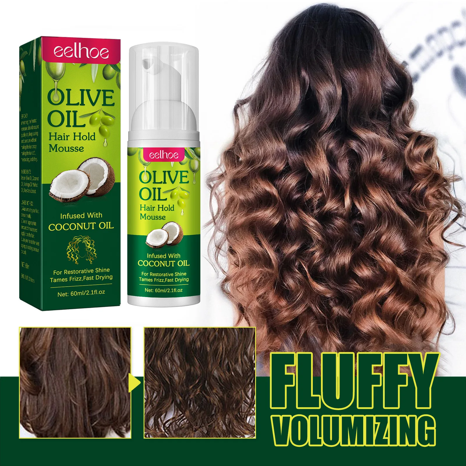 EELHOE Hair Styling Mousse Long Lasting Hydrating Natural Curl Enhancer Tame Frizzy Wave Fluffy Hair Treatment Olive Oil Spray