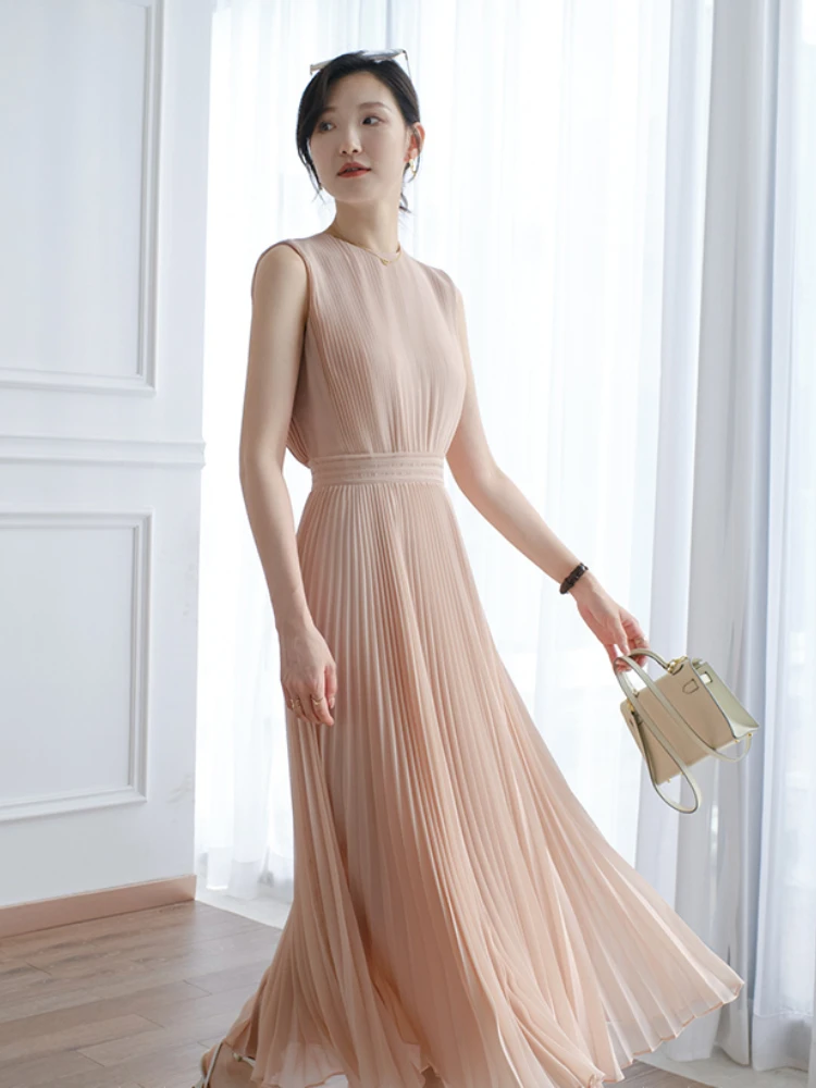 

Fashion Temperament Romantic Elegant Solid Color Gentle and Sweet Pleated dress 2022 New Summer High Waist Women's Vest Dress