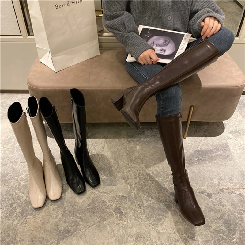 

2022 Shoes For Women Slim Woman Knight Knee-high Boots Square 6CM Heel Ladies Zippers Fashion Soft Leather Winter Long Boots