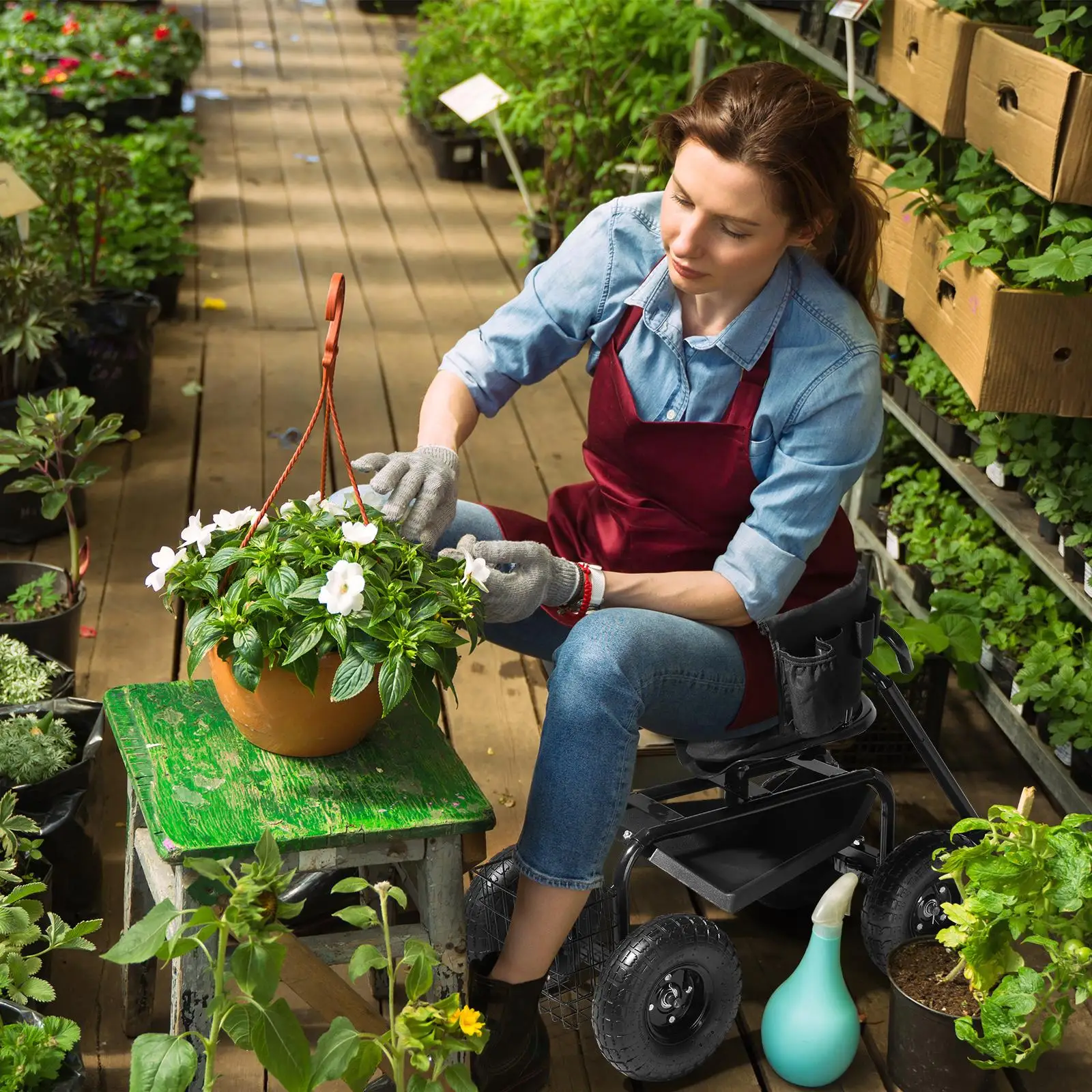360&deg; Swivel Gardening Cart with Cushioned Seat & Tool Tray Outdoor for planting Stool with Steering Handle Black