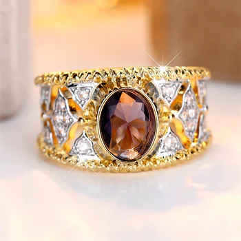 Purple Crystal Oval Stone Engagement Rings For Women Vintage Gold Color Promise Ring Wedding Bands Jewelry Bridal Accessory Gift
