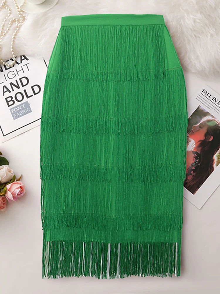 S-3XL Green Fringe Pencil Skirt with Tassel High Waist Solid Fashion Stretch Sheath Black Midi Skirt Women Clothes Summer 2022 skirt top