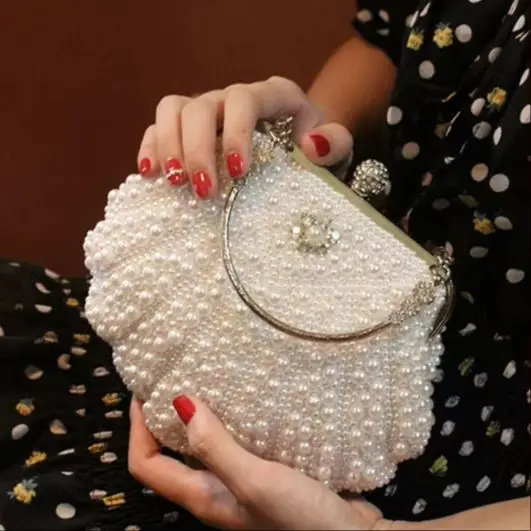 Women's Shell Shape Pearl Rhinestone Clutch Purse - Evening Party, Wedding, Cocktail Handbag