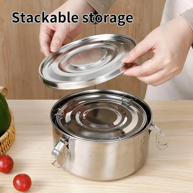 Boîte à déjeuner ronde en acier inoxydable avec couvercle, boîtes à Bento portables anti-fuite, conteneur de stockage des aliments, conteneurs de bol de pique-nique de Camping 2