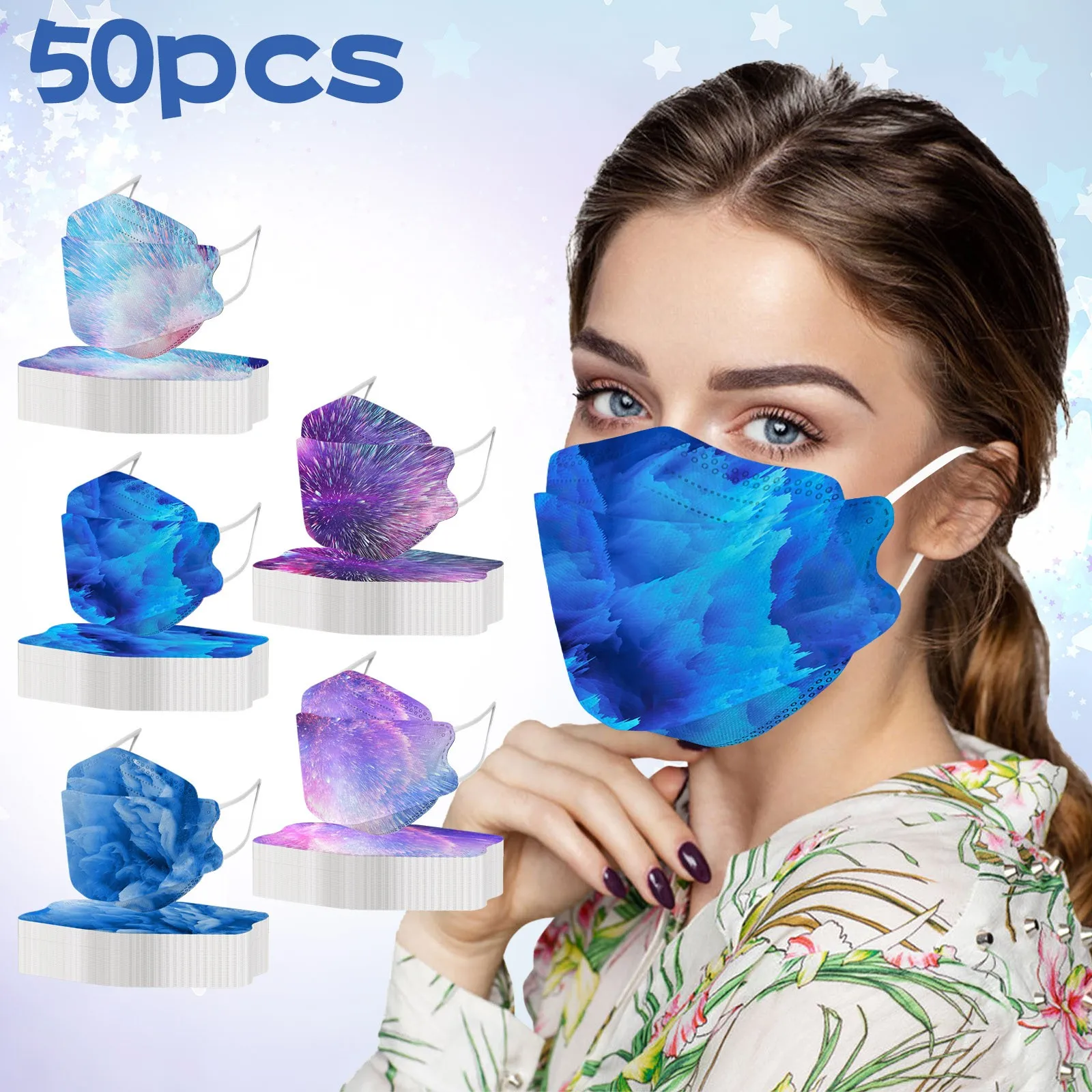 Маска 4D Fish Mouth KN95 синяя фиолетовая фейерверк модная защитная сертификация Ce 50 шт.