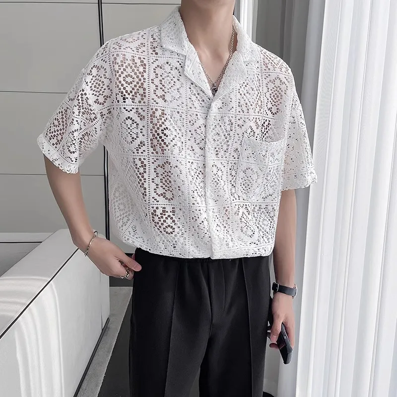 

Men's See-through Hollow Out Shirt Blouse Sexy Cuban Collar Short Sleeved Button-down Men Floral Shirt Roupa Masculina Plus Size