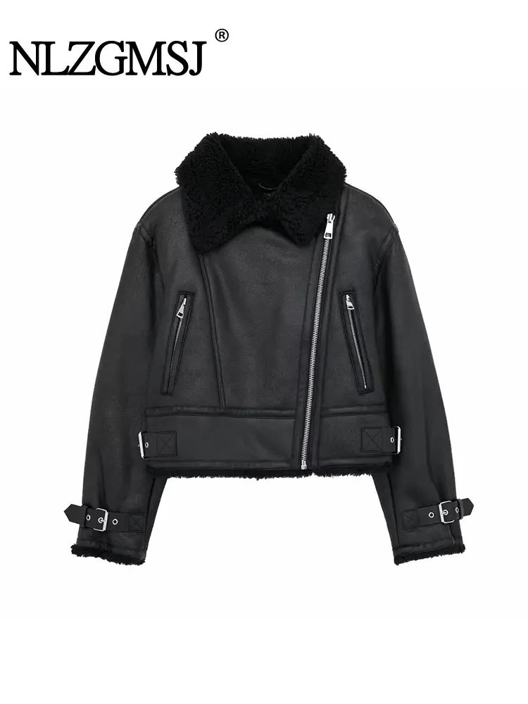 

Nlzgmsj TRAF Winter Women Thick Warm Suede Lamb Jacket Short Motorcycle Brown Coats Faux Shearling Sheepskin Leather Jackets