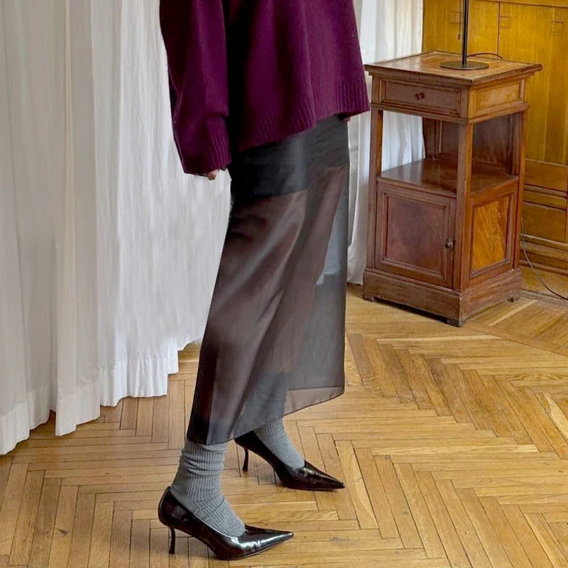 Trendy Black Mesh Skirts For Women Double-layer Design Female Thin Loose New Summer Sexy Perspective High Waist Slit Hip Skirt