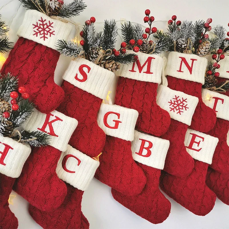 Festive Knitted Christmas Stocking with Snowflake & Alphabet Design - Holiday Tree Pendant Decoration