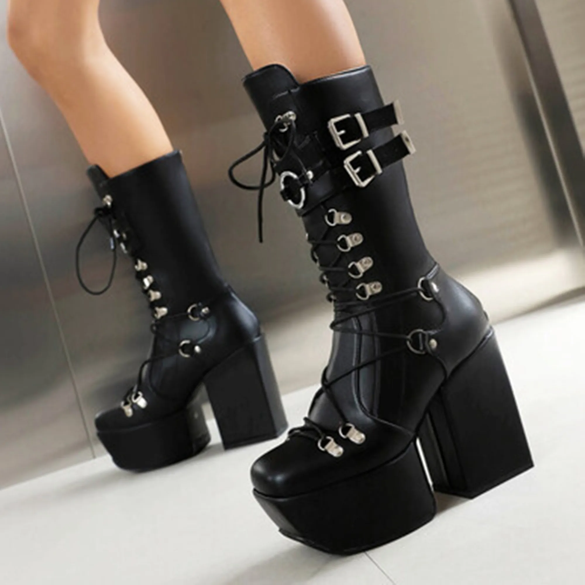 

Five Row Metal Bat Buckle Punk Style Women's Motorcycle Boots Square Toe Platform Lace Up Back Zipper Knee High Boots