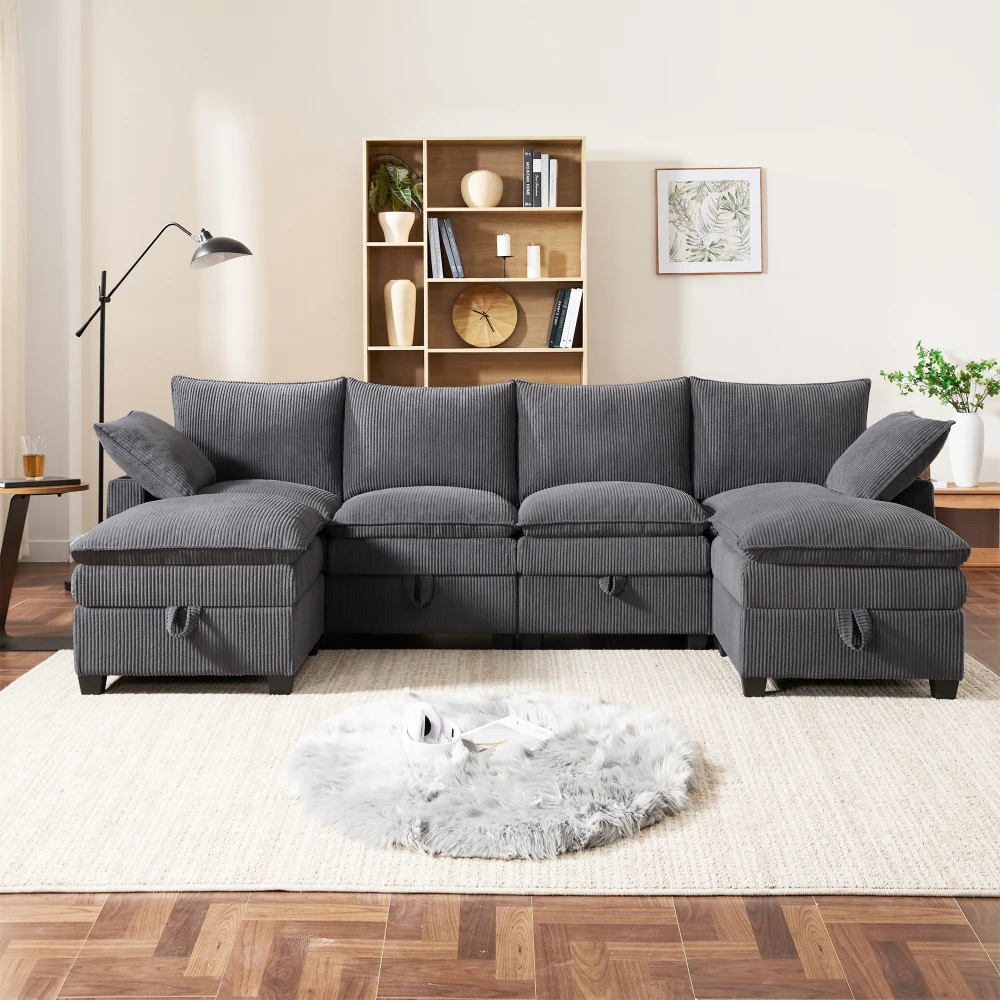 Modernes L-förmiges Sofa mit Kabelbefestigung, abnehmbarem Fußhocker, USB-Anschlüssen, Ablagefächern und Getränkehaltern, modulares Sofa – Detail 27