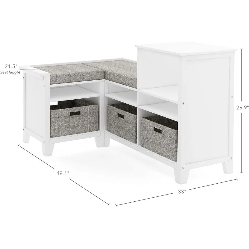 Martha Stewart Kids' Corner Nook - Creamy White: Wooden Storage Bench Bookcase Organizer with Seat Cushion and Fabric Bins 3