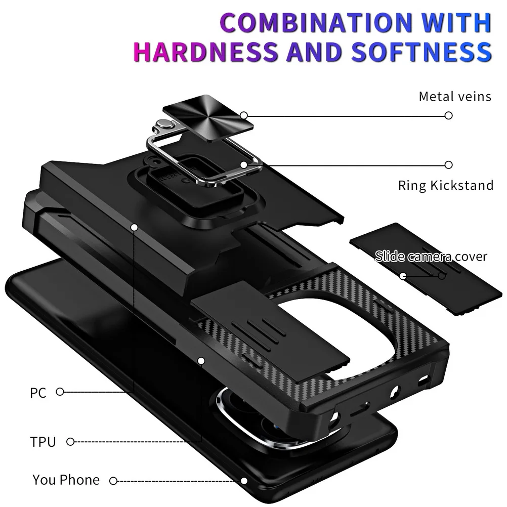 Card Slot Finger Ring Camera Protect Case with Armor Hybrid Bracket Holder Cover