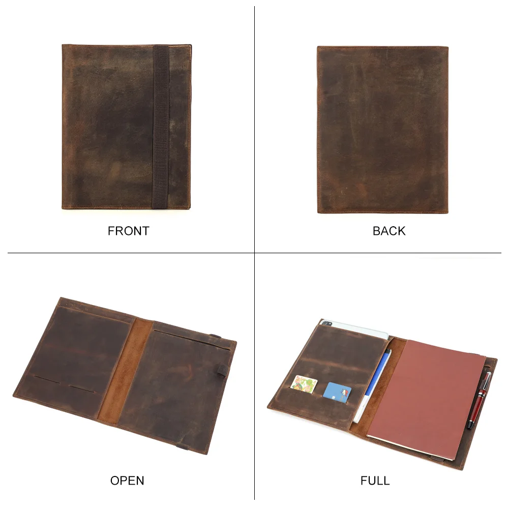 Leather Folder Vintage Cowhide Notebook Portfolio iPad Mini PC Folder B5 Documents Book Cover Business Stationery