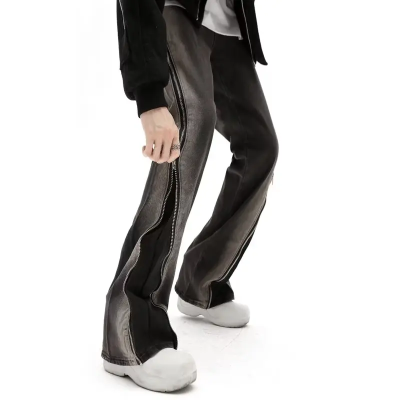 High street hip-hop Gradual change Jeans Zipper slit flared trousers design Straight leg Pants casual men and women jeans 5023 6