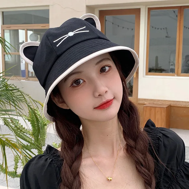 Korean Cartoon Cat Ears Women Girls Bucket Hat Spring Summer Kawaii Beach Tour Sun Visor Hats Wide Brim Solivd Cotton Panama Cap 2
