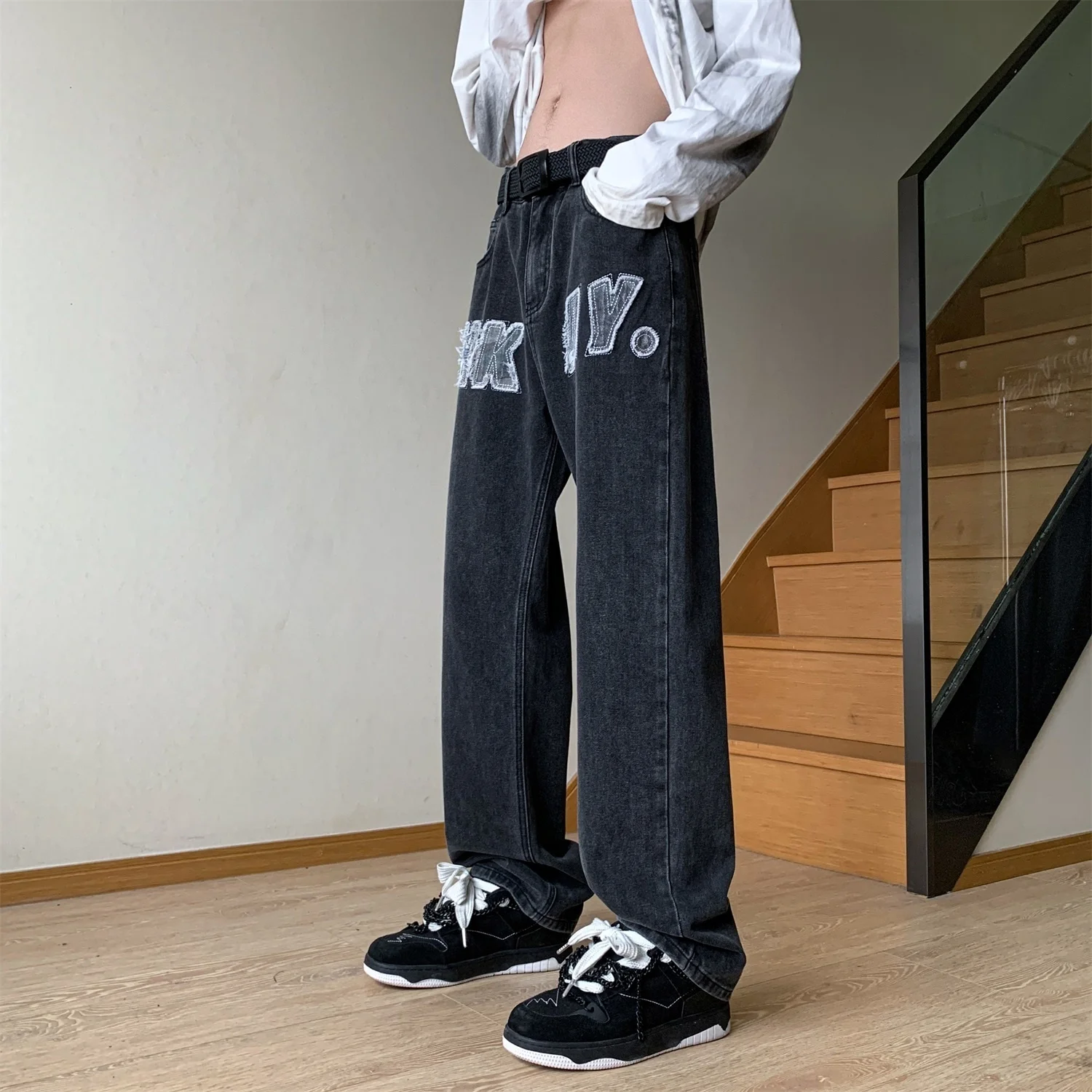 

Privathinker American Style High Street Vintage Men's Jeans Washed embroider Letter Straight Denim pants Unisex Casual Trouser