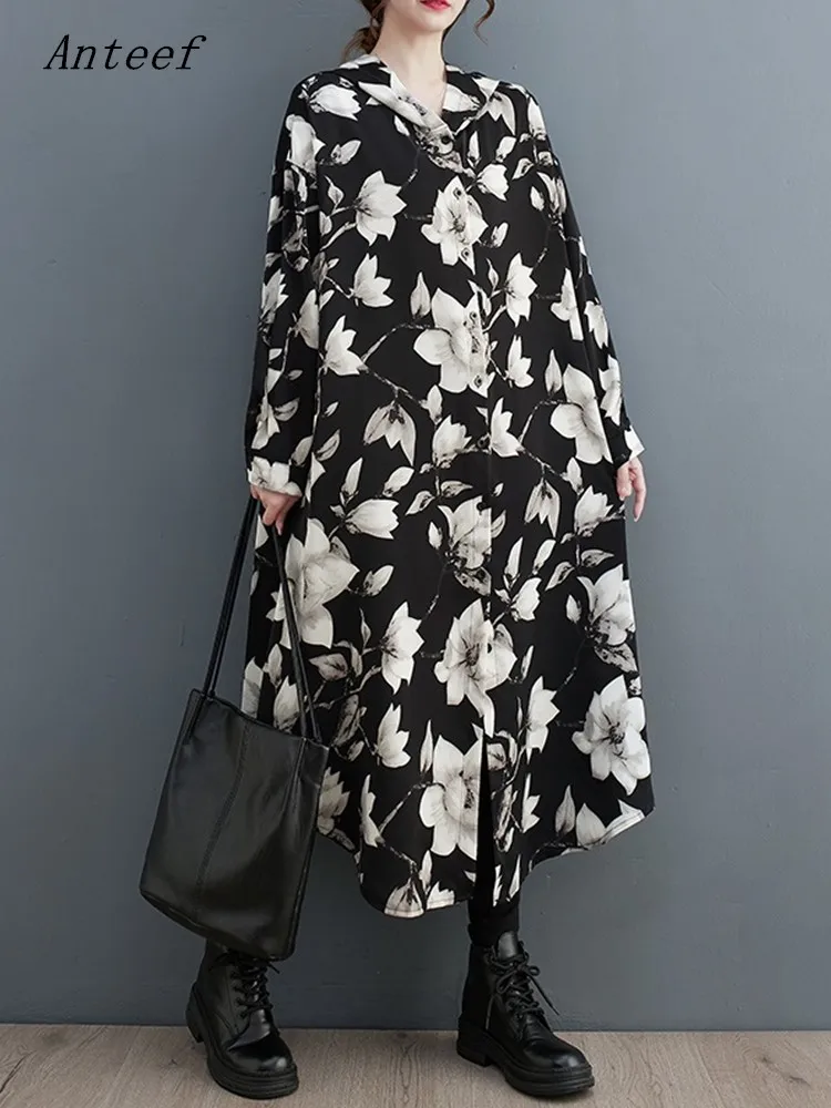 

long sleeve oversized hooded vintage floral casual loose autumn spring trench coat for women 2023 clothes Outerwear