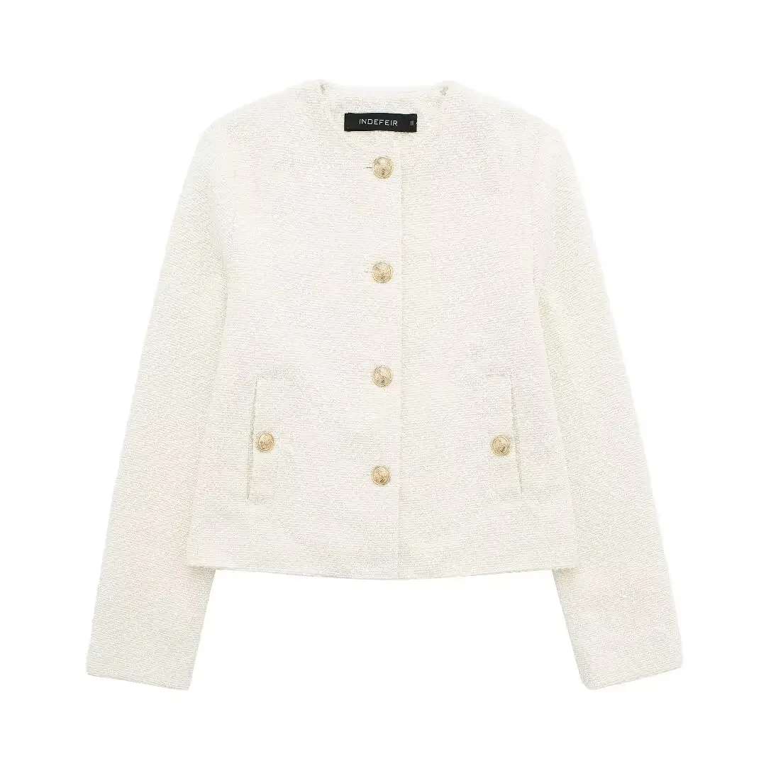 

Women's 2024 New Fashion Gold Button Decoration Short O Neck Texture Coat Retro Long Sleeve Side Pocket Women's Coat Chic Top