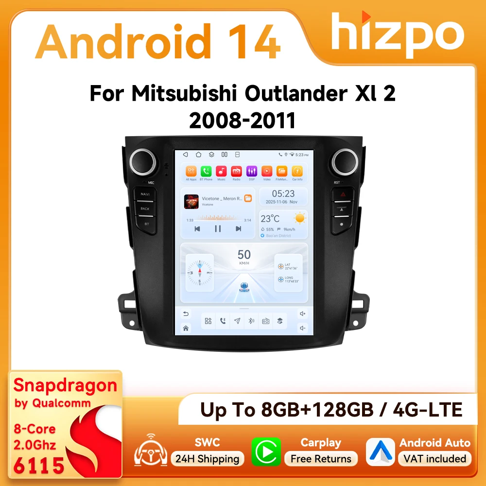 Radio para Auto Android Hizpo de 9.7 Pulgadas para Mitsubishi Outlander Xl 2 2008-2013, Pantalla Estilo Tesla, Auto CarPlay, GPS, Navegador, Snapdragon 6115 1