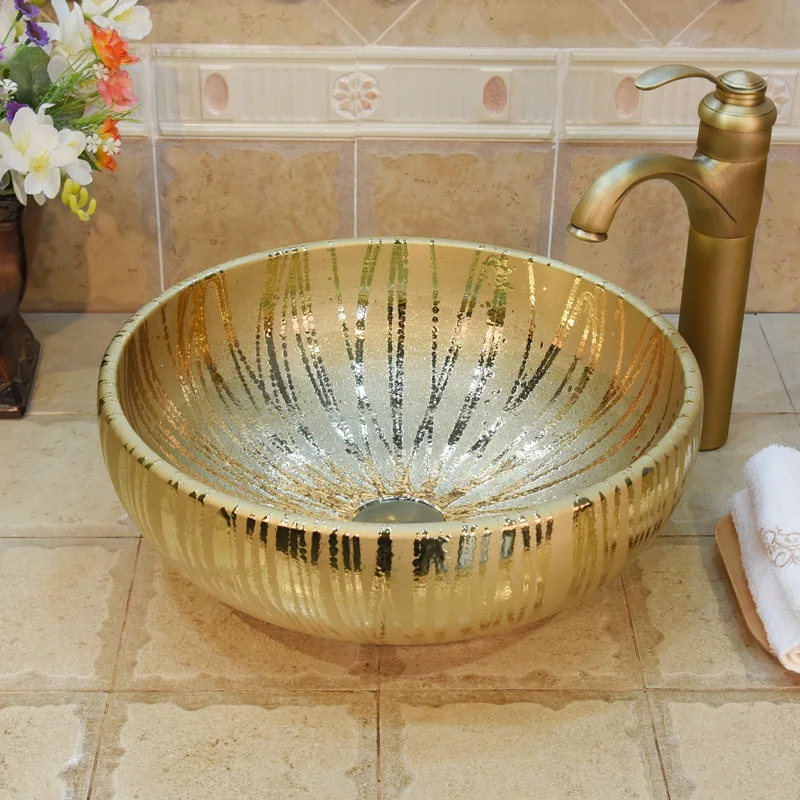 Chinese washbasin ceramic sink Jingdezhen Art Counter Top golden porcelain ceramic wash basin bathroom sink (3)