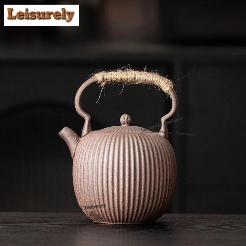 Coarse Pottery Old Rock Clay Lifting Handle Teapot Luxury Tea Infuser Pot Tea Brewing Kettle With Strainer Tea Items Ornaments