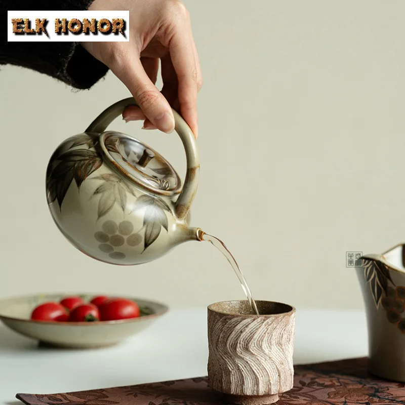 Gold Drawing Teapot Warmer Set Antique Hand-painted Grape Candle Heating Furnace Aesthetic Tea Stove Kettle Stand For Tea Gift