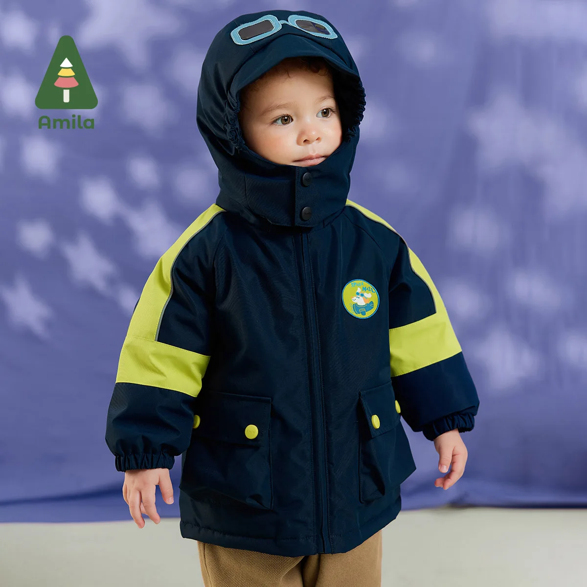 

Пуховик Amila для маленьких мальчиков, новинка зимы 2023, многоцветная флисовая шапка в стиле пилота, модная теплая детская одежда