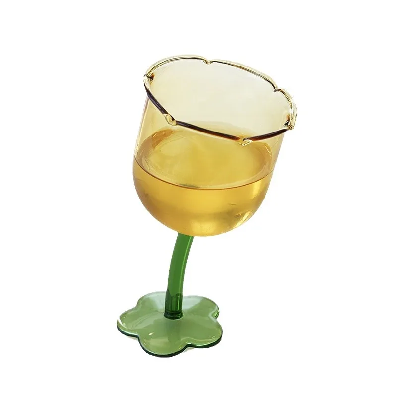 1 Piece Vintage Floral European Flower Style Yello Top Green Bottom Glass Goblet Red Wine Glasses Champagne Flute Glass Cup