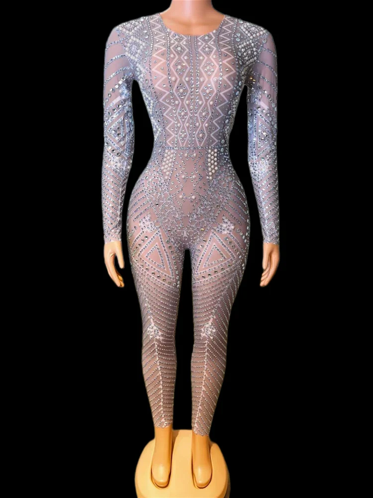 

Long Sleeves Grey Shining Rhinestones Sexy Jumpsuits For Women Nightclub DJ Clothing Stage Pole Dance Costumes Party Wears